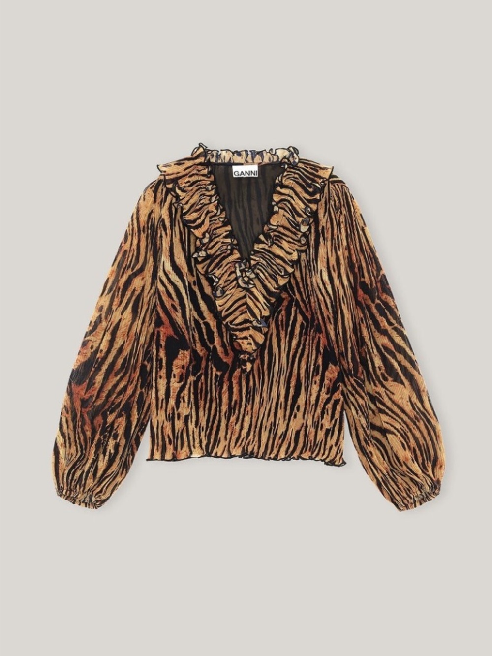 GANNI pleated georgette ruffle animal print top